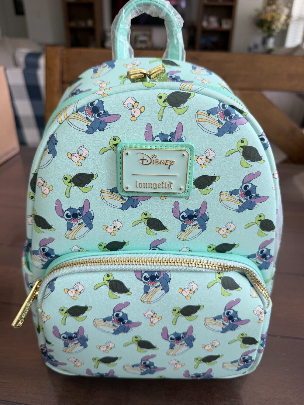 LOUNGEFLY DISNEY STITCH DUCKS TURTLES MINI BACKPACK AOP NWT